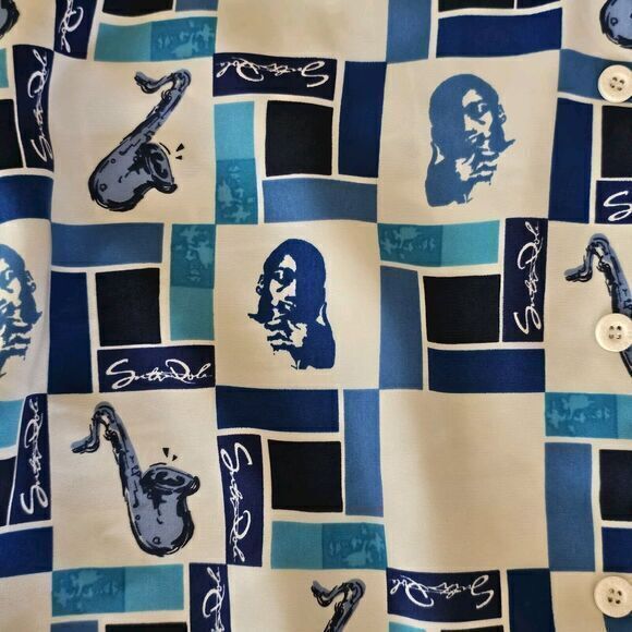 Y2k VTG South Pole S/S Button Up Musical Saxophone Artist Baggy Blue White Check - Picture 3 of 4